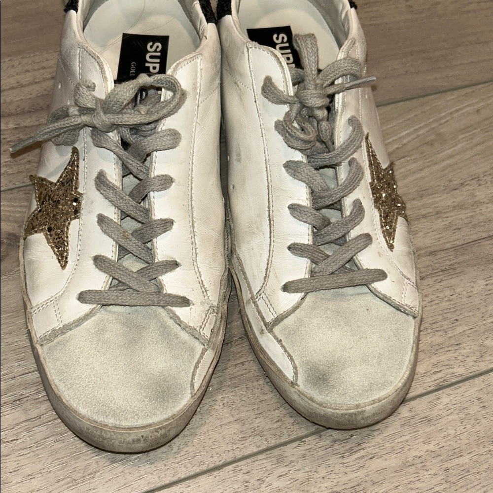 Golden Goose White Sneakers with Gold Star and Black Glitter Heel Tab Size 39 - Picture 13 of 14